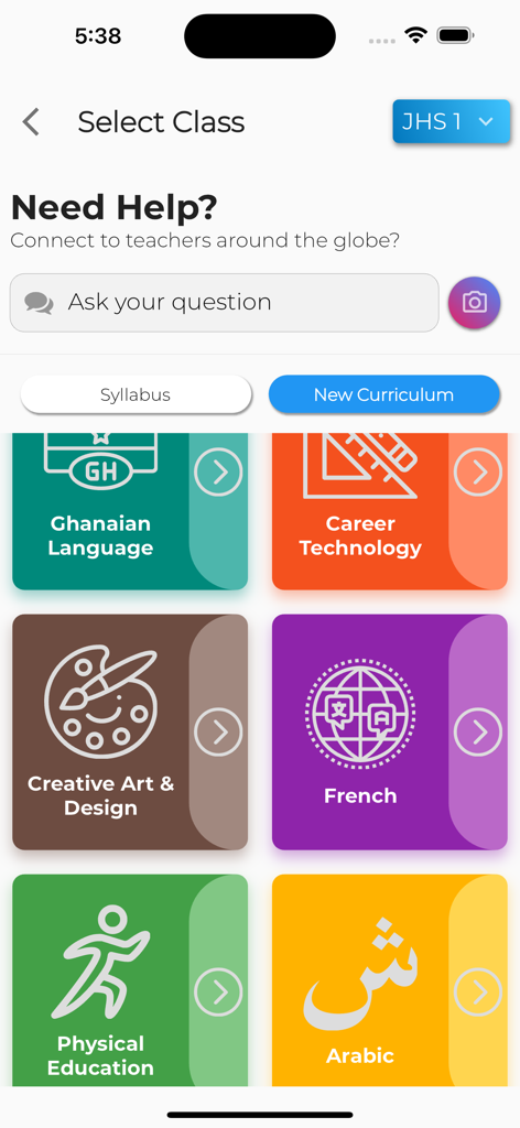 Syllabus GH - Pasco/Books/Quiz - Syllabus GH mobile app showing Junior High School subject cards for the New Curriculum