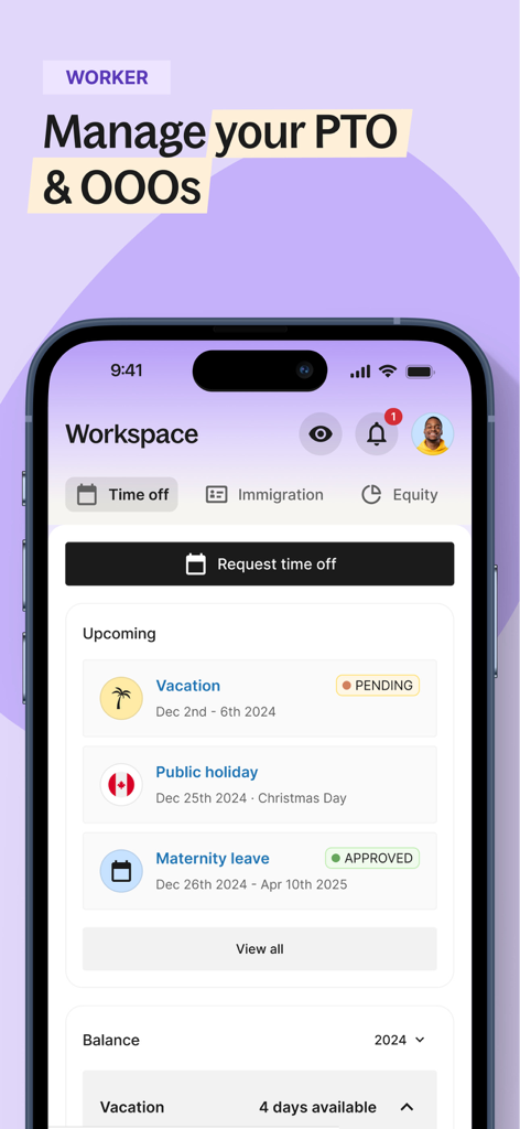 Deel: Global Payroll & HR - Deel mobile app interface for workers to manage time off and view vacation balance