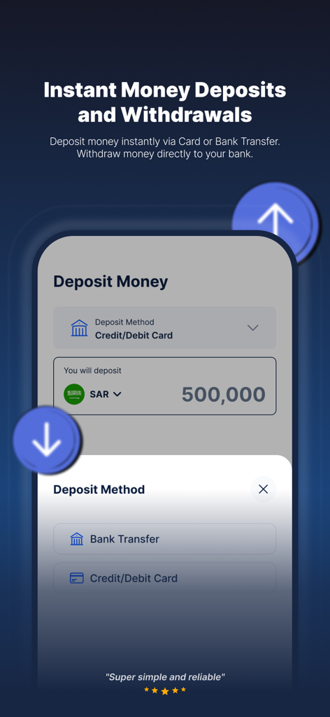 CoinMENA mobile app screen showing options for instant money deposits in Saudi Riyal using card or bank transfer