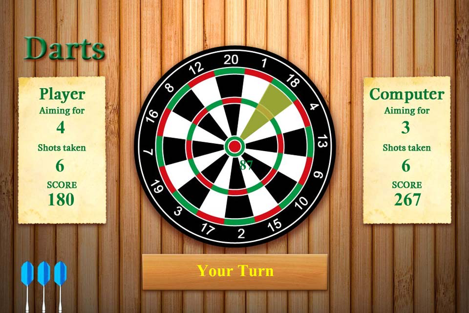Darts Free - Interface du jeu mobile Darts Free montrant un jeu de fléchettes et les scores du joueur contre l'ordinateur