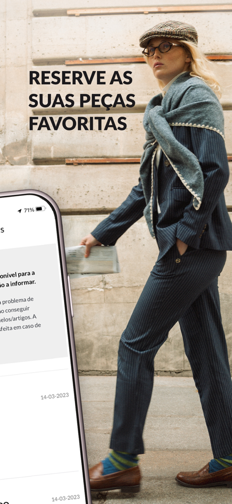 Lanidor app screen featuring a stylish woman in a pinstripe suit with text about reserving favorite pieces