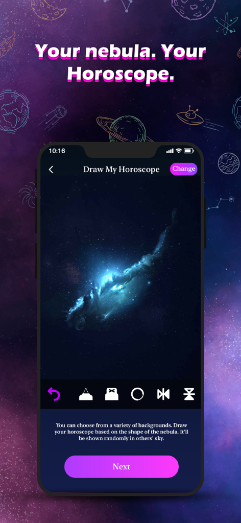 Adult Friend, AFF Finder Sweet - A mobile app screen titled Draw My Horoscope showing a blue nebula and drawing tools