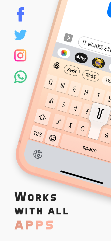 A custom iOS keyboard from the Stylish Text app displaying various decorative fonts and symbols with social media icons.
