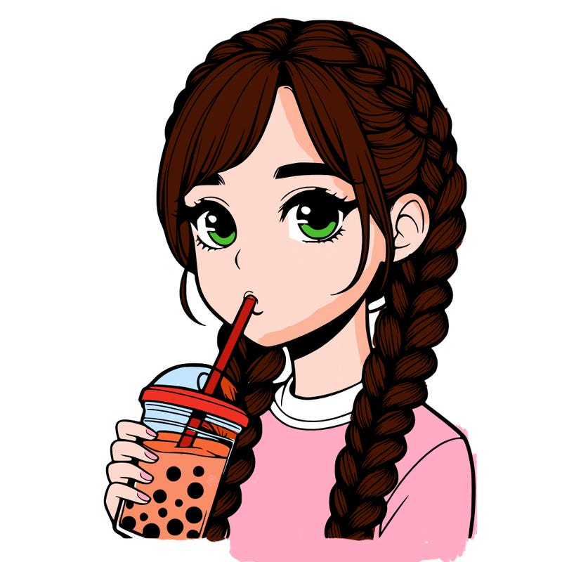 realistic girl with braided hair drinking boba