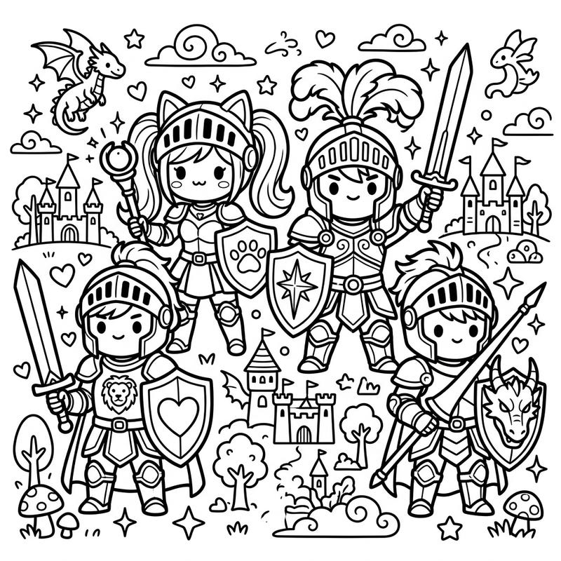Dive into a charming fantasy world with this delightful kawaii knights coloring page. Unleash your creativity as you bring these cute armored heroes and their whimsical kingdom to life.