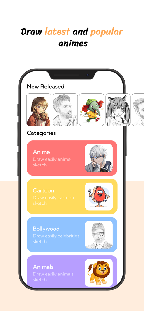 Learn How to Draw Anime Sketch - Interface of the Learn How to Draw Anime Sketch app showing drawing categories for anime, cartoons, Bollywood, and animals.