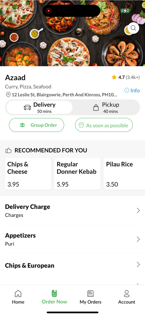 Azaad. - Azaad mobile app interface showing food delivery and pickup options with a recommended menu.