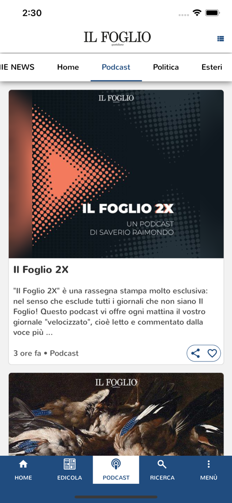 Il Foglio - Podcast section of the Il Foglio news app featuring Italian audio content