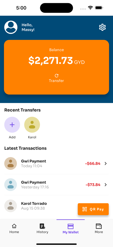 Pantalla Mi Billetera de la aplicación WIDIT que muestra el saldo en dólares guyaneses y los pagos de facturas recientes