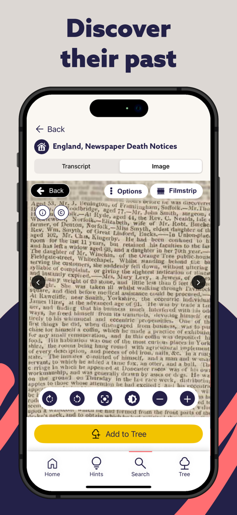 Findmypast - Findmypast app displaying a historical newspaper death notice record with an option to add it to a family tree.