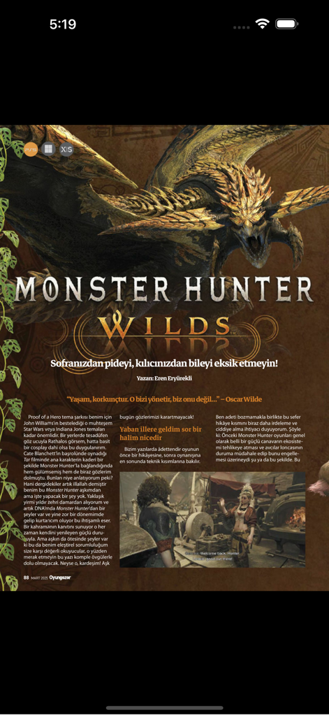 Digital magazine page from Oyungezer featuring an article on Monster Hunter Wilds in Turkish with a golden dragon illustration