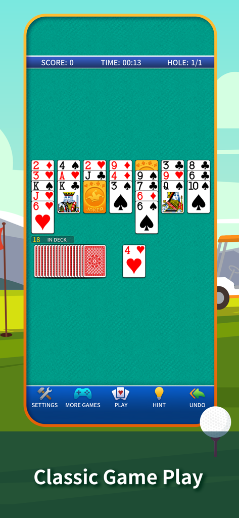 Classic Golf Solitaire card game interface featuring clear cards and a golf theme background