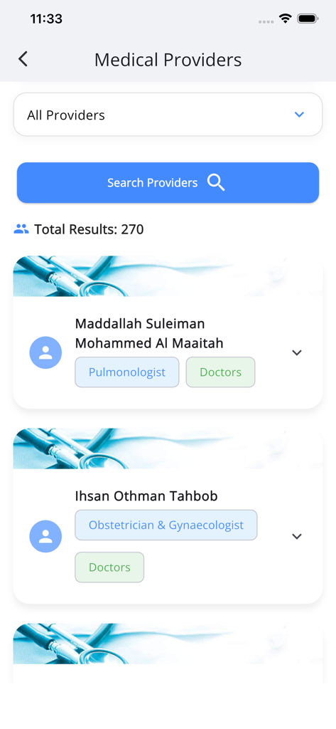 Suchergebnisse für medizinische Anbieter in der MedService Plus App mit Ärztenamen und Fachgebieten