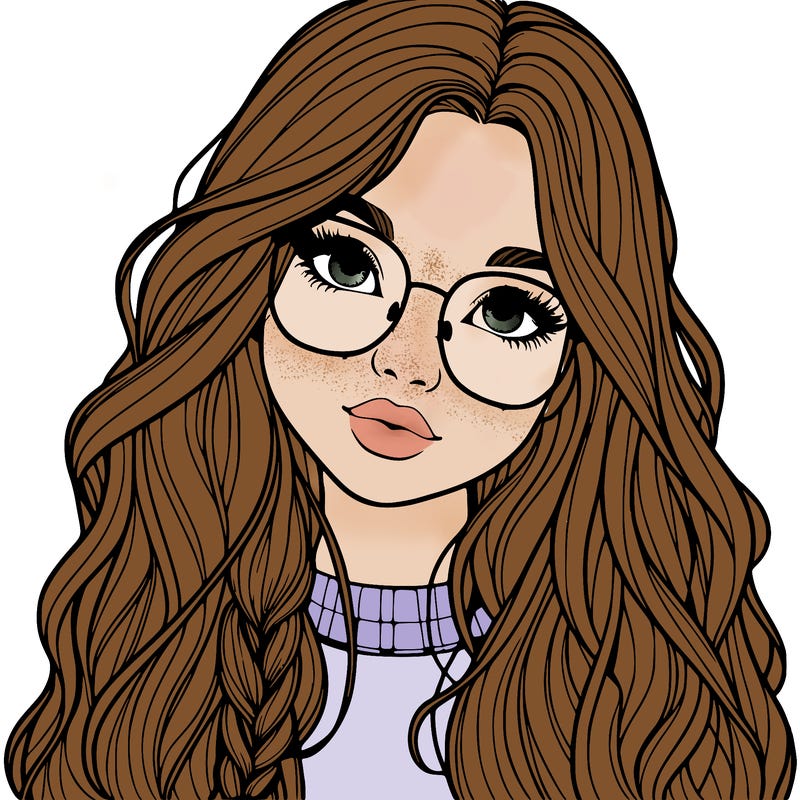 girl with long hair and freckles and glasses realistic