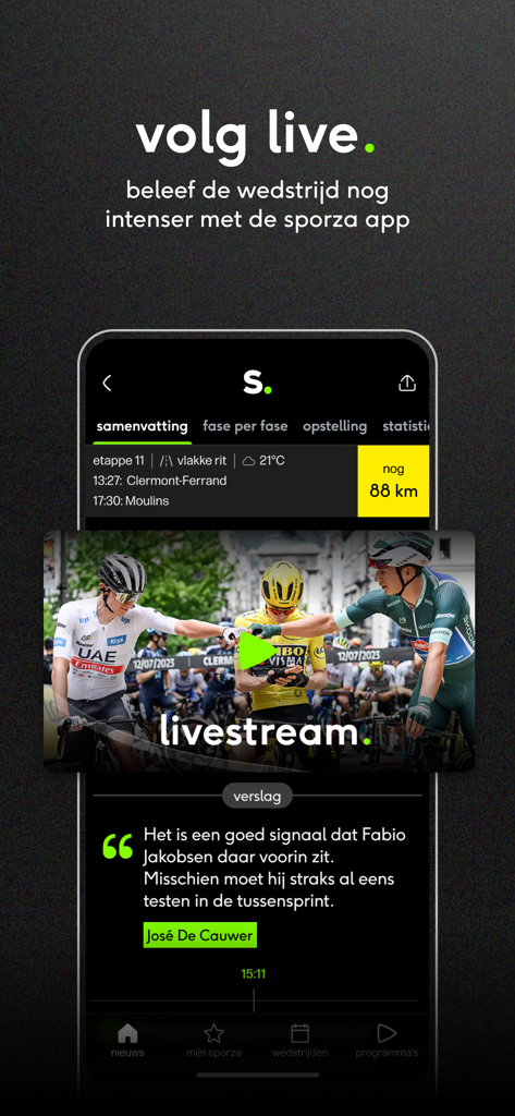 Sporza - Sporza mobile app showing a live cycling race stream with expert commentary