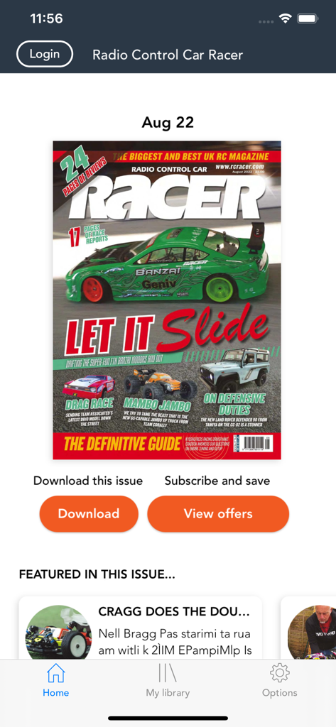 Radio Control Car Racer - ラジオコントロールカーレーサーアプリのホーム画面。RCカーが写ったデジタルマガジンの表紙が表示されています。