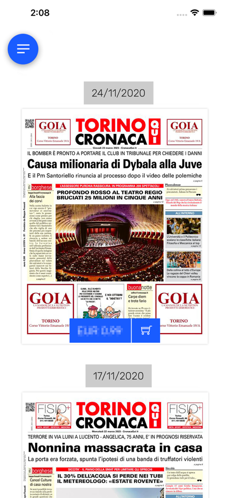 Torino Cronaca Qui - Schermata dell'archivio digitale dell'app mobile Torino Cronaca Qui che mostra le copertine dei giornali storici