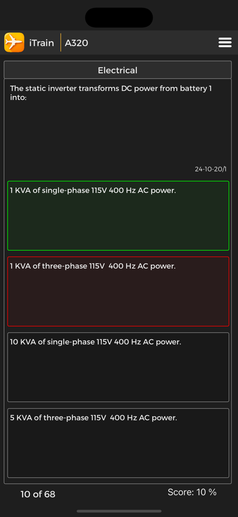 iTrain A320 - iTrain A320 app screenshot displaying a technical quiz question about the electrical system