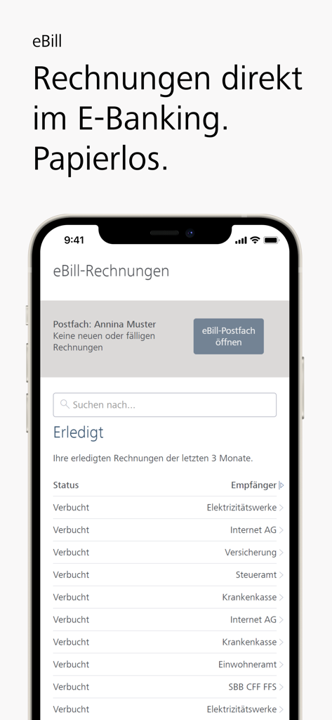 Aplicación Raiffeisen E-Banking que muestra la lista de facturas electrónicas sin papel en un iPhone.