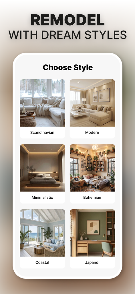 Interior Design - Home Remodel - A menu of different interior design styles like Scandinavian Modern Bohemian and Coastal for home remodeling