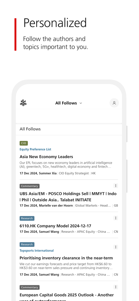 Ein mobiler App-Bildschirm mit dem Titel „Personalisiert“, der einen Feed mit gefolgten Finanzautoren, Investment Research und Marktkommentaren anzeigt.