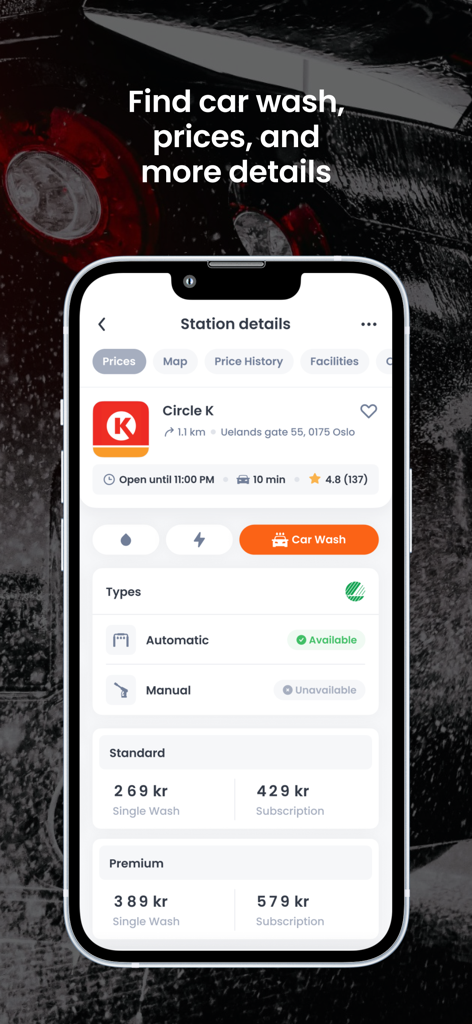 DrivstoffAppen mobile interface displaying car wash options and station pricing details