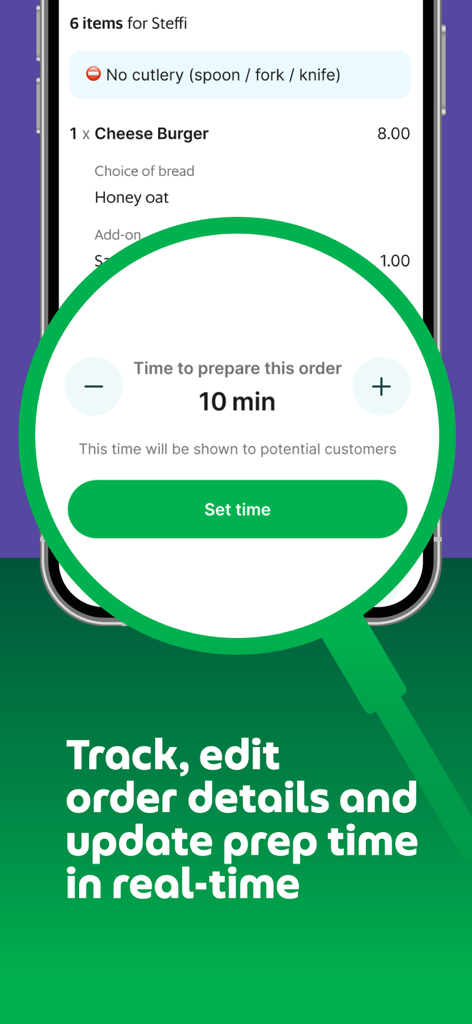 GrabMerchant app interface showing real time order preparation time update feature