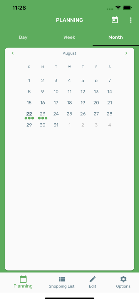 Vista de calendario mensual en la aplicación Easy Menu Planner que muestra las comidas programadas para agosto