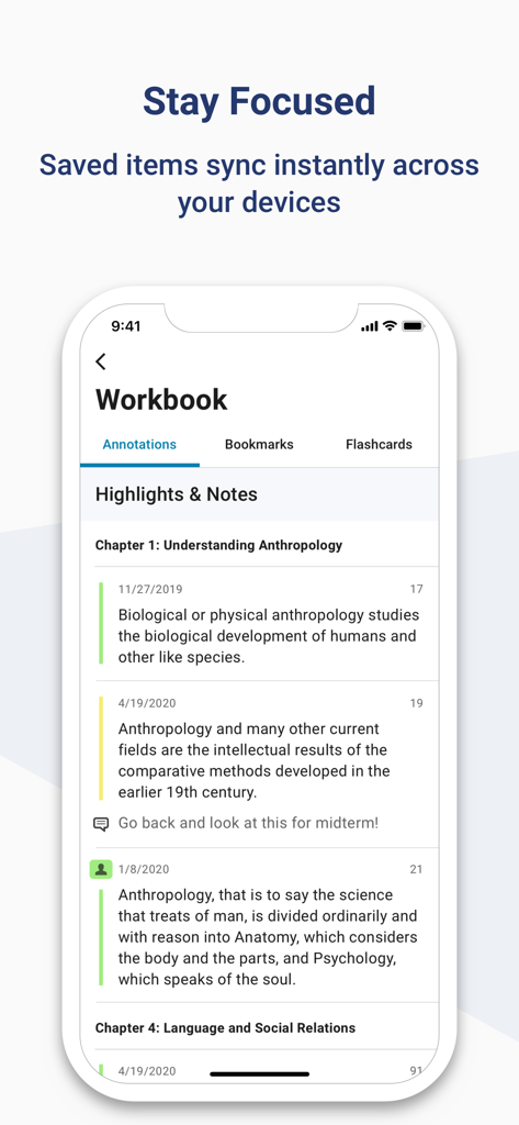 ワークブックで同期されたハイライトとノートが表示されているBookshelfアプリのインターフェース