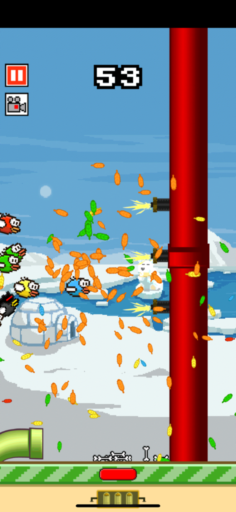 Flappy Crush gameplay showing pixelated birds and a large red pipe in an arctic winter level