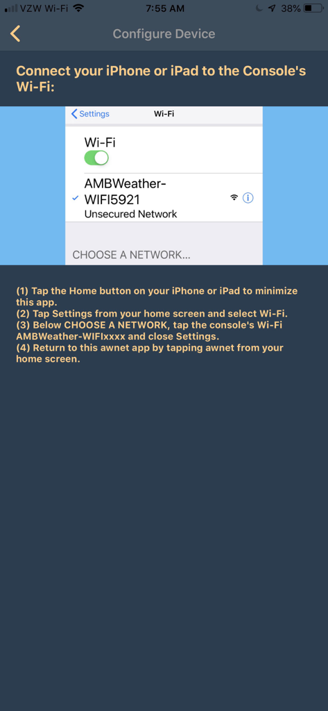 awnet - awnetアプリのスクリーンショット。スマートフォンを気象ステーションコンソールのWi-Fiネットワークに接続するためのステップバイステップの手順を示しています。