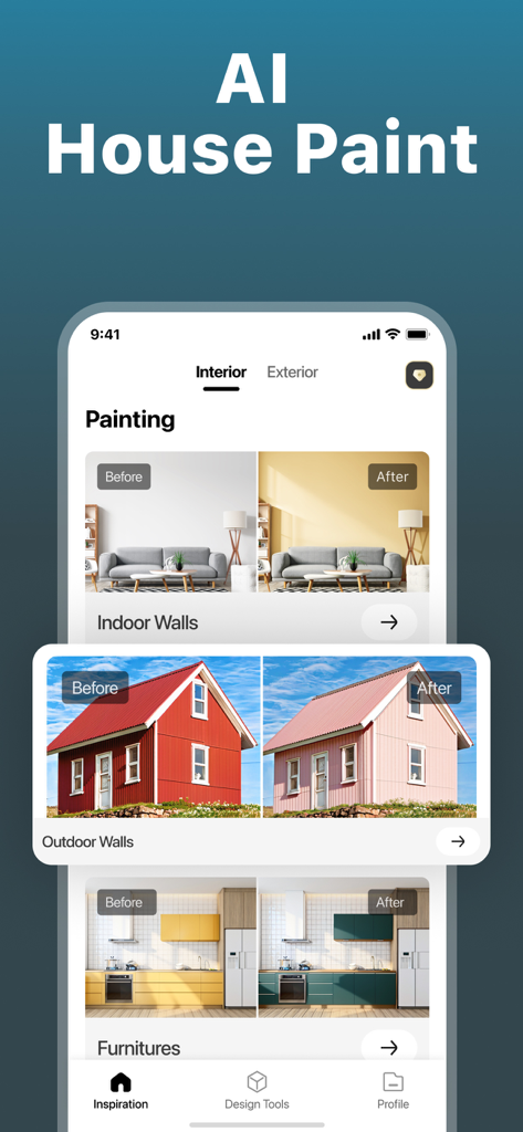 Deko: AI Home Design & Remodel - Deko app screen showing before and after AI paint transformations for indoor walls, outdoor house facades, and kitchen furniture.