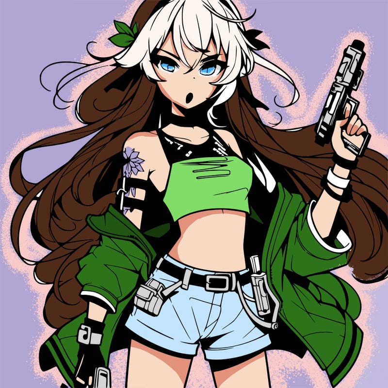 bad girl wearing crop top holding a gun long hair anime