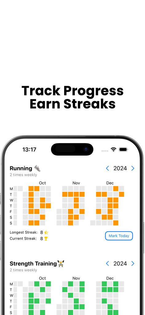 Habit Heatmap - Interface showing monthly heatmaps for running and strength training habits with color coded streaks