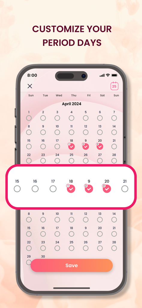 Ovulation & Fertility Tracker - Interface do aplicativo Rastreador de Ovulação e Fertilidade mostrando o recurso para personalizar os dias do período em um calendário