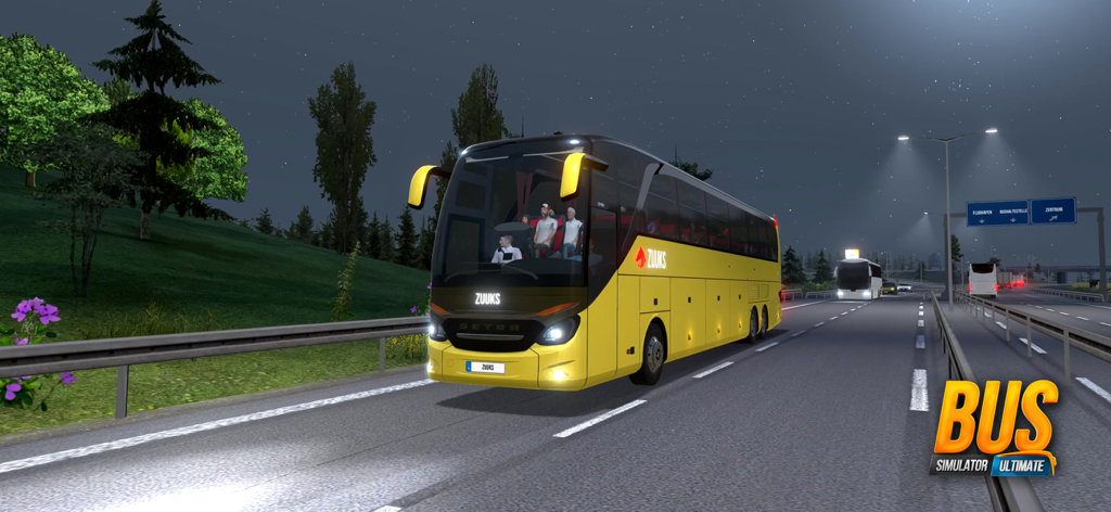 A yellow Setra coach bus driving on a highway at night in Bus Simulator Ultimate mobile game