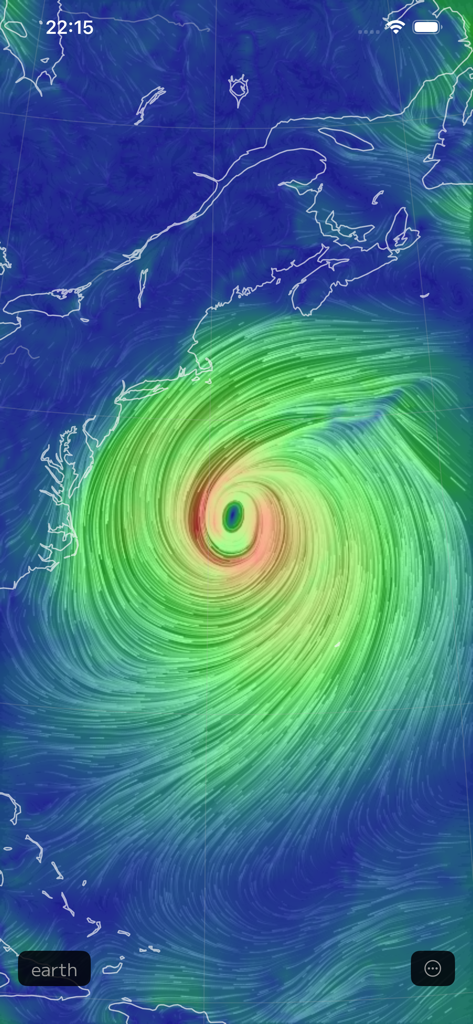 An animated wind map visualization of a hurricane off the coast of North America on the Nullschool app