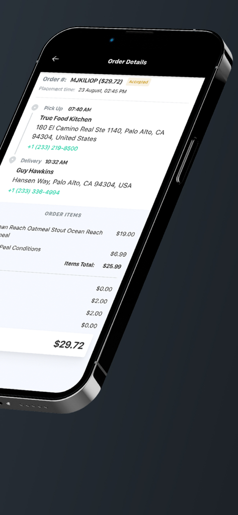Una pantalla de teléfono inteligente que muestra los detalles del pedido de entrega local, incluidas las ubicaciones de recogida y entrega en My Driver App