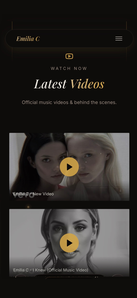 Emilia C - Interfaz de la app de Emilia C mostrando la sección de últimos videos musicales