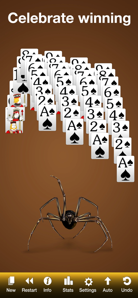 Spider Solitaire ‏‎ - Spider Solitaireゲーム画面、連なるカードと大きなクモのアニメーションでお祝い