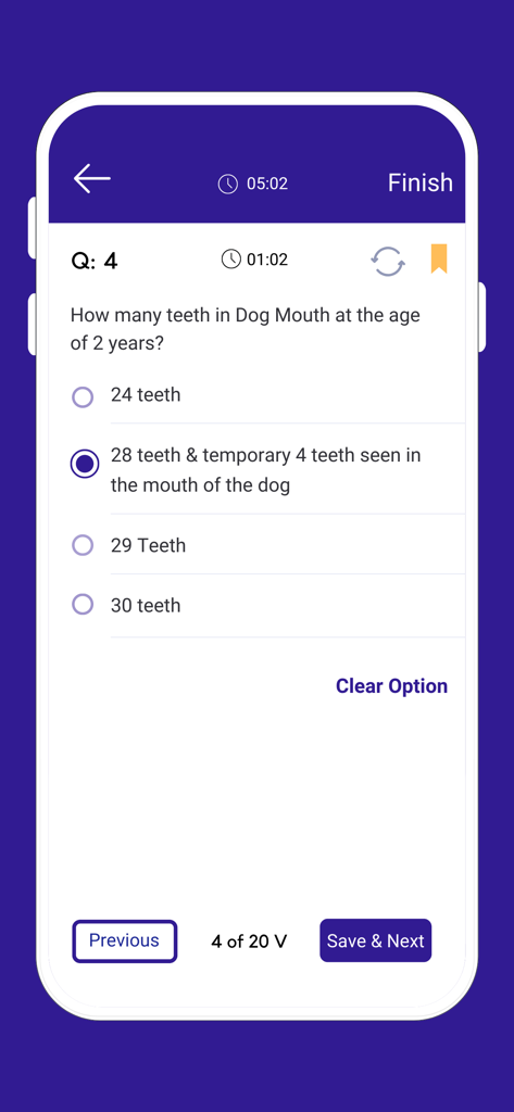 Una pregunta de opción múltiple sobre anatomía canina en la pantalla de la aplicación Veterinary Exam MCQs.