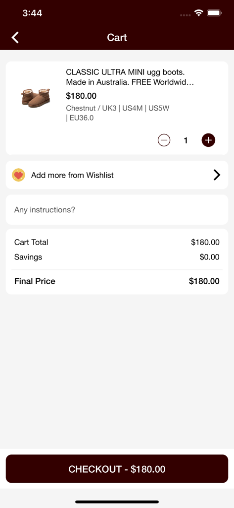 Original Australian Ugg USD - Shopping cart screen in the Original Australian Ugg mobile app showing chestnut boots and a checkout button