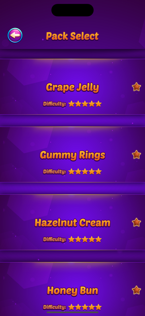 Word Candy pack selection screen showing sweet themed levels with difficulty star ratings