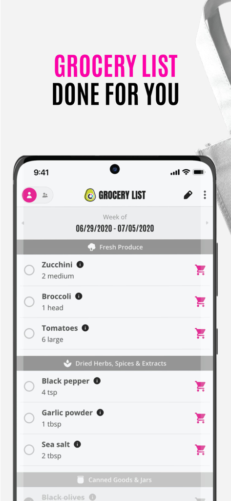 Tela móvel do aplicativo Wholesome Yum exibindo uma lista de compras automatizada organizada por categorias como produtos frescos e temperos