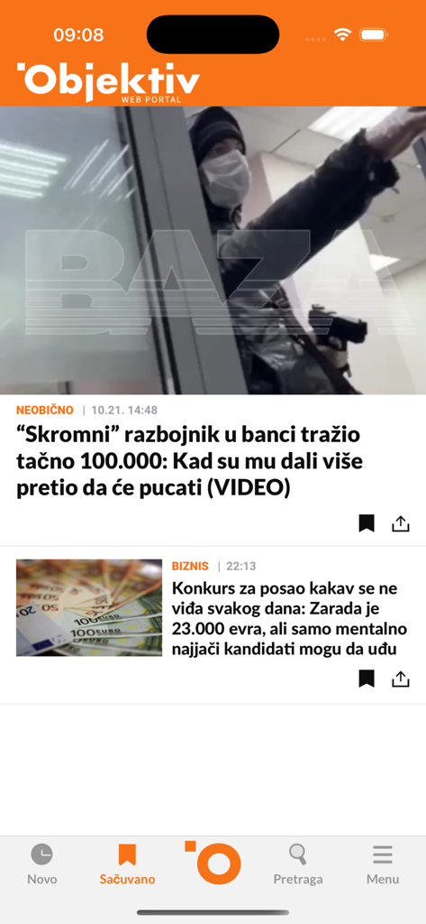 Interface de l'application Objektiv affichant un flux d'actualités avec des titres et des articles serbes.