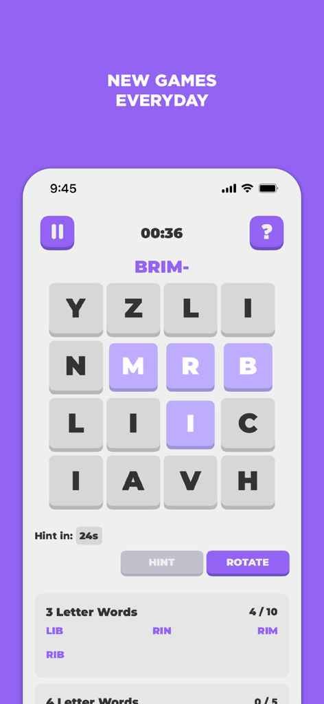 Puzzlit mobile app interface displaying a word search grid puzzle