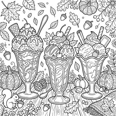 Dive into the cozy essence of fall with this charming coloring page, showcasing three decadent sundaes brimming with toppings. Surrounded by festive autumn leaves, pumpkins, and a playful squirrel, it's a perfect blend of sweet treats and seasonal charm.