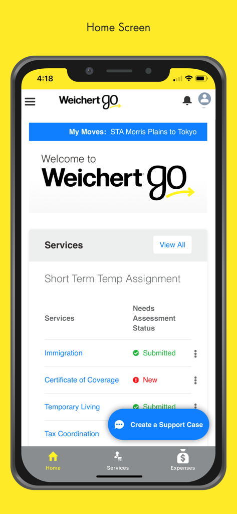 Weichert Go - Employee - Schermata principale dell'app Weichert Go che mostra lo stato dei servizi di ricollocazione e i dettagli del trasloco