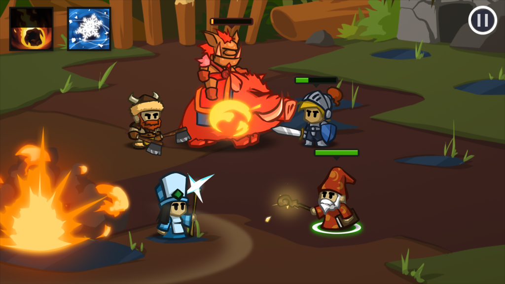 Battleheart - A party of fantasy heroes including a knight and wizard fighting a large boar enemy in Battleheart