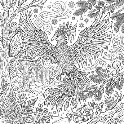 Discover the mystical beauty of a Forest Phoenix in a serene winter wonderland with this captivating coloring page. Its intricate details and magical setting offer a delightful challenge for colorists of all levels.